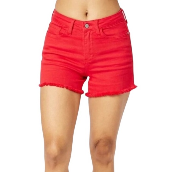 Judy Blue Red Jean Shorts Mid Rise Cut Off Denim Sz XL - Picture 1 of 9